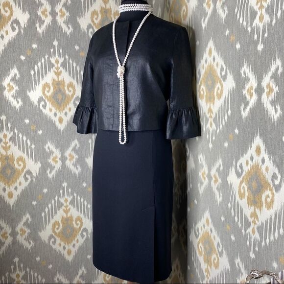 Ralph Lauren Black Label Jet Black Polished Linen Cropped Ruffle Sleeve Jacket - Picture 3 of 16